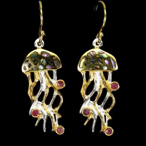 925 Sterling Silver Earrings Round Ruby Mop Jellyfish Natural Gemstone Jewelry
